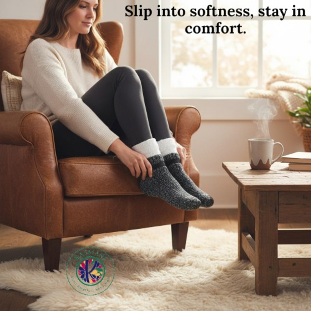 Aromasoles Charcoal Grey Marled Knit Fuzzy Cuff Slipper Socks Non Skid